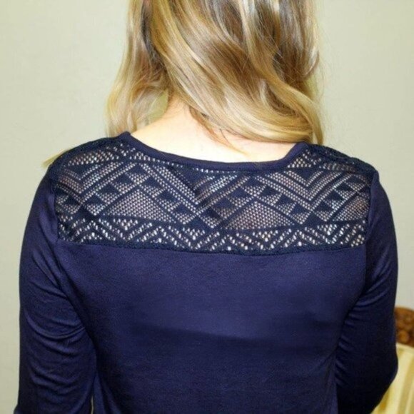 Zenana NWT Medium Dark Navy Blue Long Sleeve Top Gold Buttons Lace Soft Fall - Picture 3 of 6